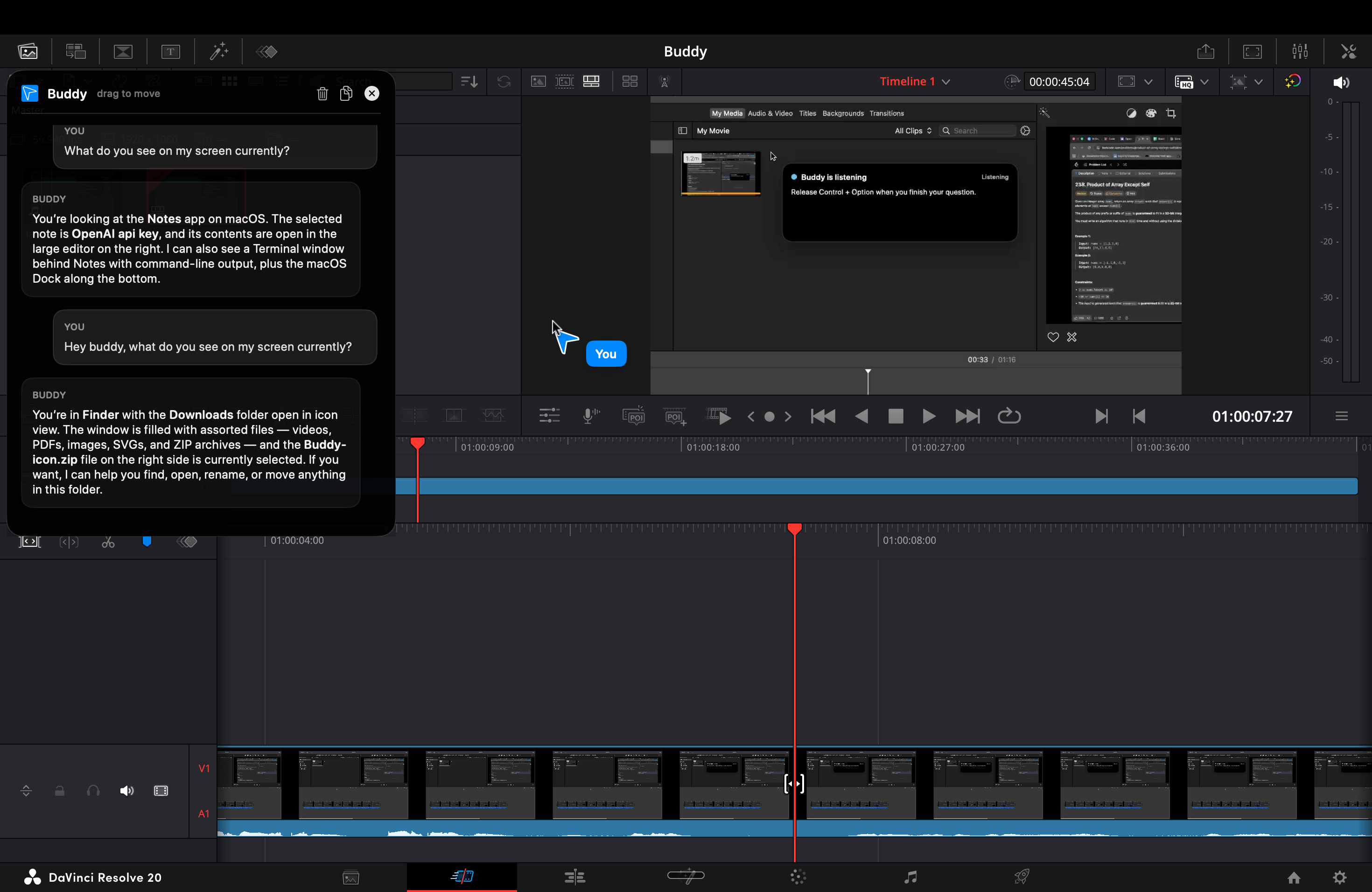 Buddy answering a question inside DaVinci Resolve, showing the chat window and pointer next to the cursor.