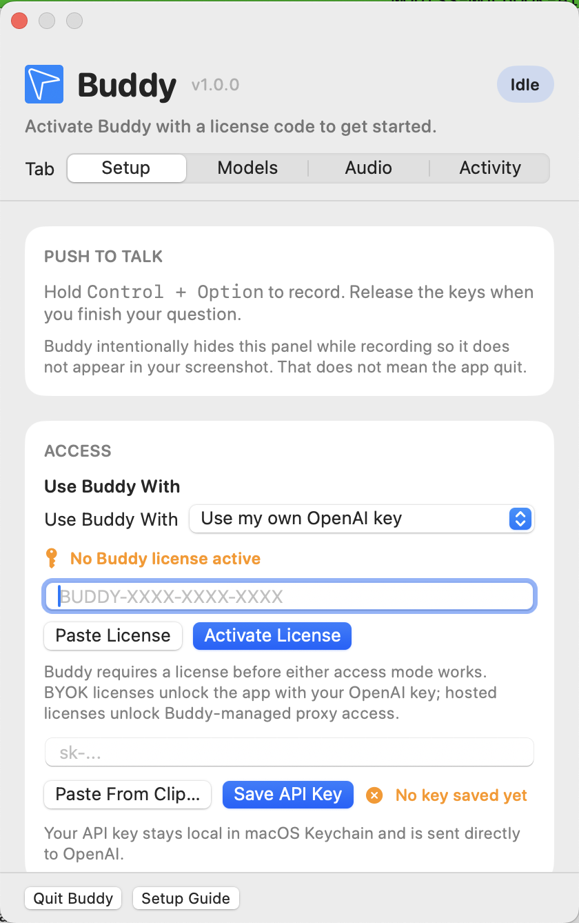 Buddy panel open from the menu bar showing the Setup tab with license and access fields.