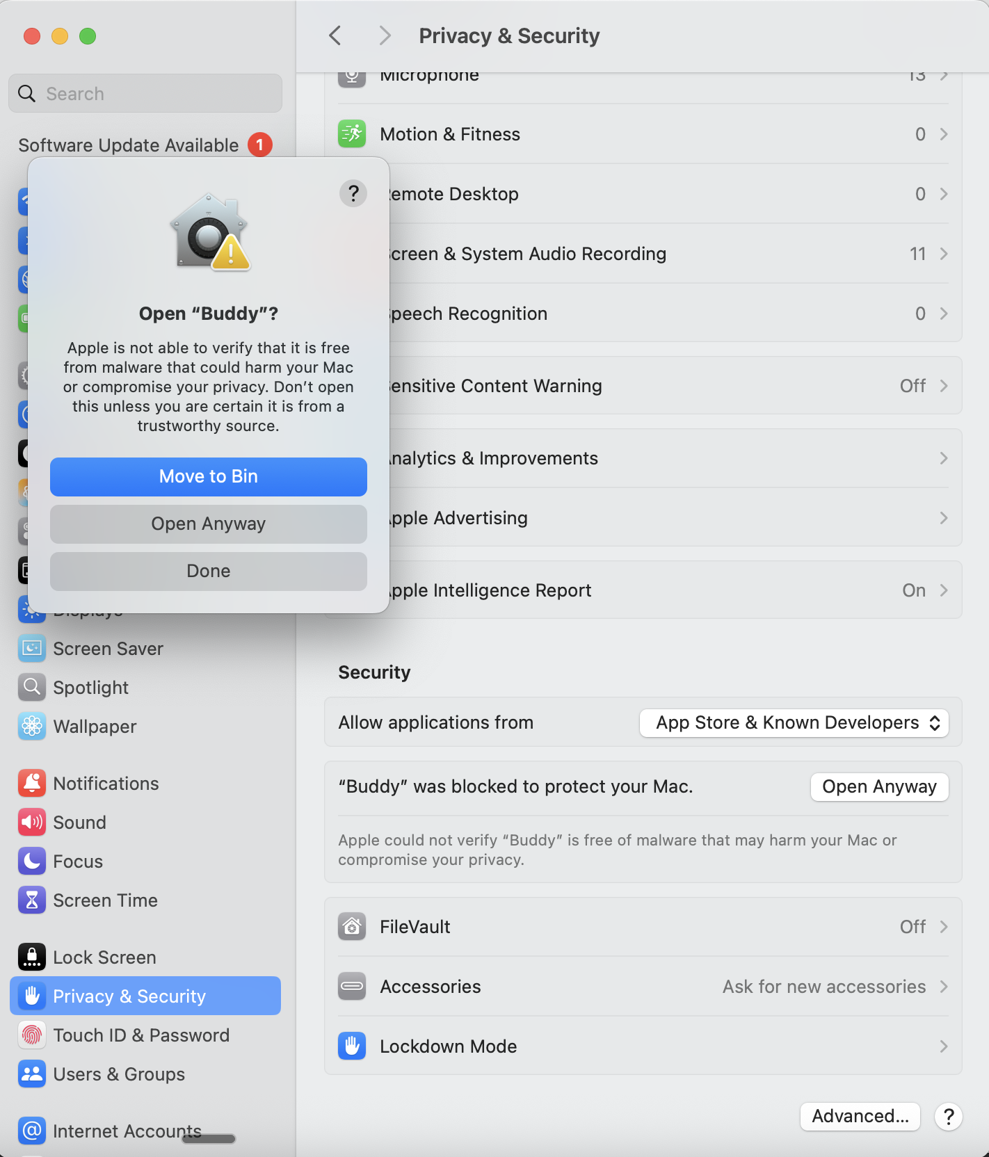 System Settings Privacy & Security pane with the Open Anyway dialog for Buddy.