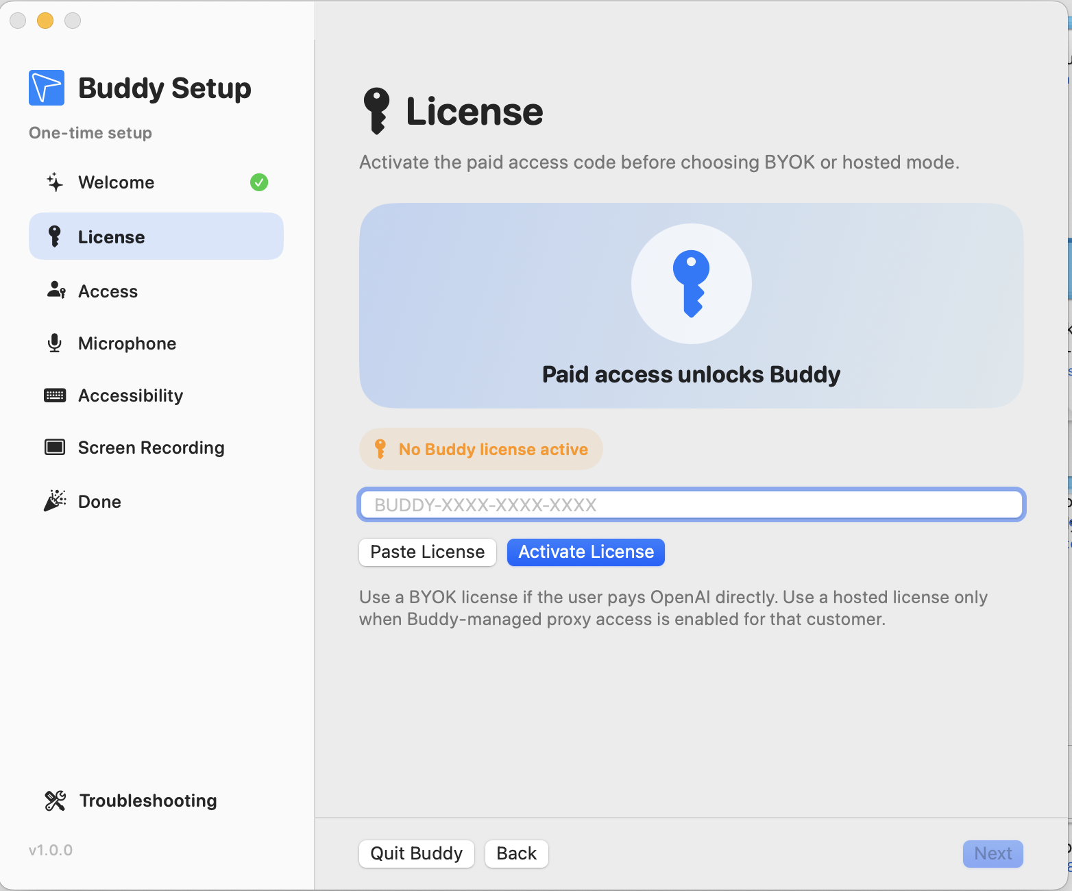 Buddy first-run setup guide window with the License step selected.